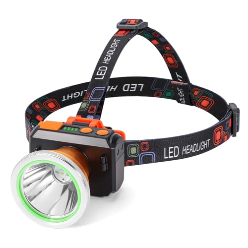 Super Bright Rechargeable LED Headlamp with Power Display, 3 Modes White Light, Dual Switch, IP65 Waterproof Lightweight Hard Hat Light for Camping, Hiking, Outdoor Use (Golden-White Light)