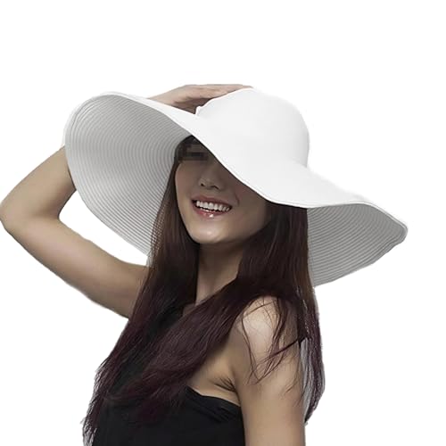 QUUPY Chapeau de paille pour femme à large bord, UPF 50, pliable, enroulable, chapeau de plage, chapeau de soleil, paille, Noir, Blanc., 23