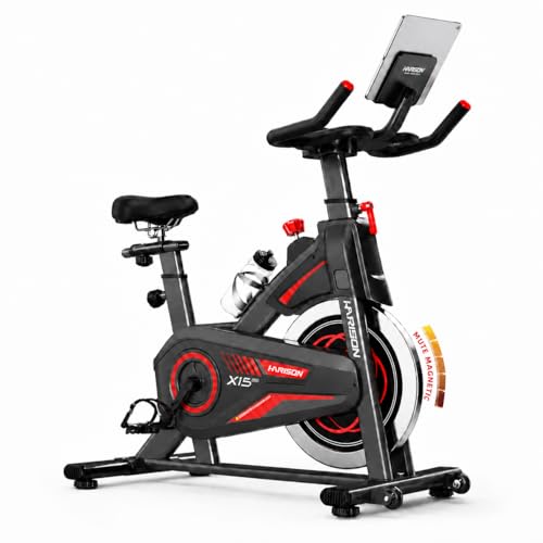 HARISON Exercise Bike, Stationary Bike for Home 380 lb Weight Capacity, Magnetic Workout Bike with Bluetooth App, Brake Pad Indoor Cycling Bike with Tablet Mount & Comfortable Seat Cushion