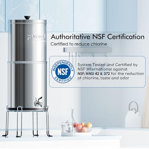 Purewell 3-Stage 0.01μm Ultra-Filtration Gravity Water Filter System, NSF/ANSI 42&372 Certification, 304 Stainless Steel Countertop System with 2 Filters and Stand, Reduce 99% Chlorine, 2.25G, PW-OB