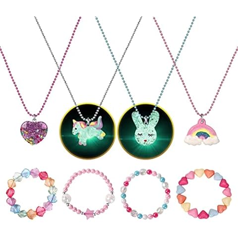 Msnailfly Girls Unicorn Rabbit Fluorescent Pendant Necklace Kids Rainbow Heart Jewelry,Toddler Colorful Beaded Bracelets Glow in the Dark Necklace Party Favors Dress up Jewelry for Girls Toddler Cover