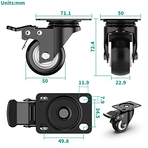 HOLKIE Castor Wheels 50mm Swivel Heavy Duty Castor Wheels for Furniture with Brake Total Capacity 250kg (pack of 4) - Free Screws - Image 2