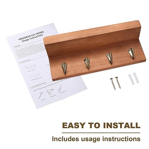 HRONRAD Rustic Key Holder for Wall, Farmhouse Wall Shelf with 4 Hooks, Wall Mounted Key Racks, Wooden Mail Organizer with Hooks for Entryway (Brown - Oak)