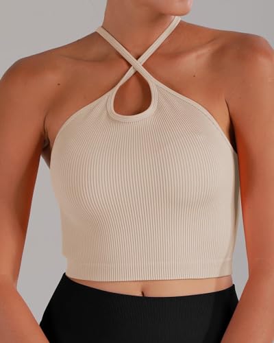 Image of Sunzel Free to Be Tank, Crop Ribbed Tank Tops Seamless Racerback Camisoles No pad Camis Cropped Workout Gym Yoga