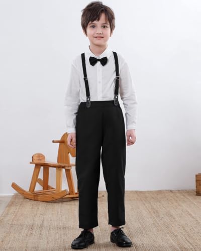 SANGTREE Baby Boys Clothes, Long Sleeves Dress Shirt with Bow Tie and Black Suspender Pants Set Gentleman Tuxedo Outfit White Black, 2-3 Years = Tag 1104
