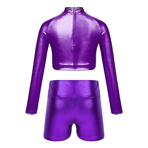 FEESHOW Kids Girls 2 Piece Metallic Ballet Dance Gymnastics Leotard Outfit Yourth Sequins Crop Top with Shorts Set2