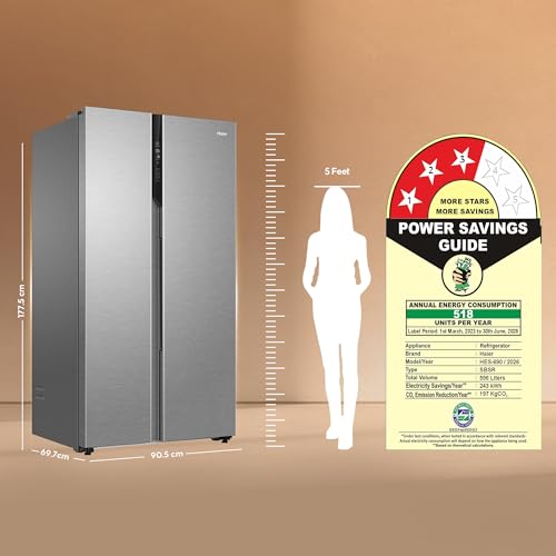 Image of Haier 596L 3Star 2 Door Side by Side Frost Free Refrigerator|100% Convertible|Expert Inverter|Digital Display Panel|Twist Ice Tray|Deo Fresh Technology (HES-690SS, Shiny Silver)