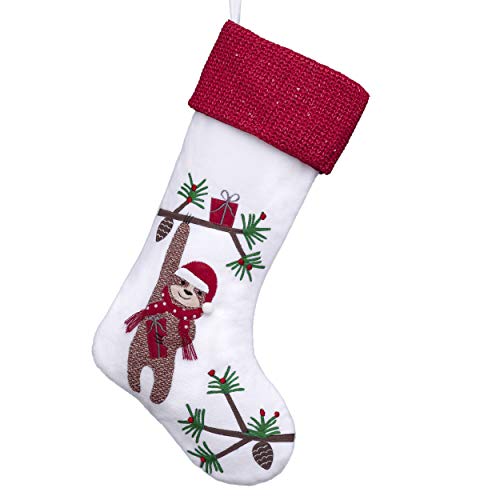 Valery Madelyn 21 inch Red Green White Velvet Christmas Stockings with Sloth and Knit Cuff, Themed with Classic Collection Splendor Tree Skirt (Not Included)