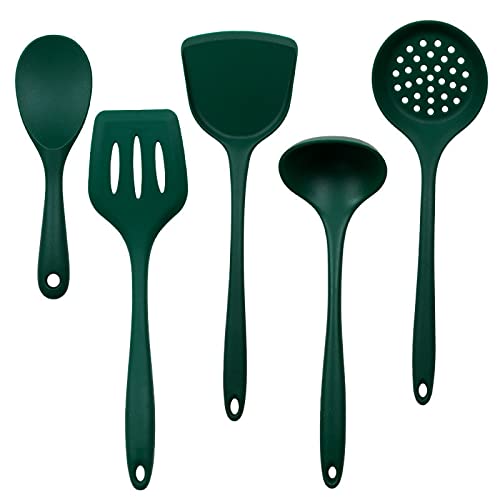 Juego de utensilios de cocina de silicona, herramienta de cocina no pegajosa, espátula, pala, sopa, utensilios de cocina, juego de 5 piezas, verde oscuro