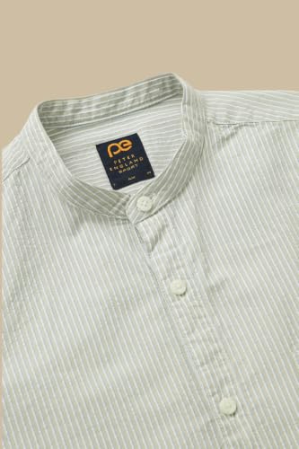 Image of Peter England Men's Casual Mandarin Collar Slim fit Full Sleeve Shirt in 100% Cotton Seersucker with Striped Design