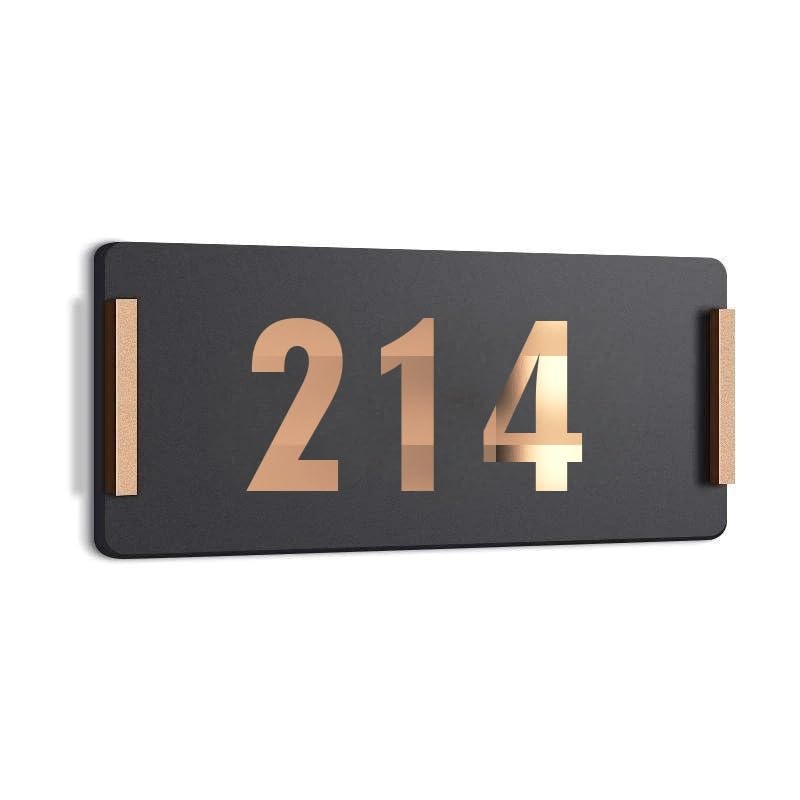 Image of HOTEL ROOM NUMBER PLATES - 214| Black acrylic board fixed mirror gold number | Easy installation type double sided tape fixed on backside