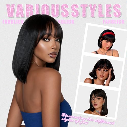 Image of Bob Human Hair Wig With Bangs Wear and Go Glueless Wig 180% Density