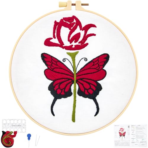 Image of Butterfly Rose Embroidery Kits for Beginners Adults, Valentine's Day Hand Embroidery Kits, Cross Stitch Kits for Adult Anniversary Valentine's Gifts, Entire Set of Embroidery Supplies & Video Tutorial
