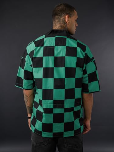 Image of The Souled Store Demon Slayer: Tanjiro Kamado Men and Boys Short Sleeve Green and Black Checkered Casual Lightweight Drop Shoulder Streetwear Trendy Cotton Oversized Shirt