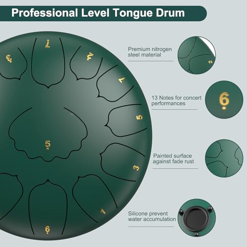 Image of D Major Steel Tongue Drum Handpan, 12 Inch 13 Note Large Rain Drum for Outside Garden, Meditation Rain Chime, Musical Percussion Instrument for Adult Gift with Bag, Music Book, Drum Mallets (Green)