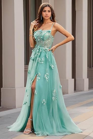 3D Flower Tulle Prom Dresses for Women 2025 Spaghetti Straps Corset A-Line Formal Ball Gown with Slit