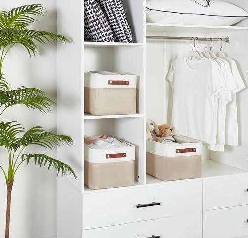 Image of DECOMOMO Foldable Storage Bin Collapsible Sturdy Cationic Fabric Storage Basket Cube W /Handles for Organizing Shelf Nursery Home Closet (Khaki and White, Extra Large - 15.8 x 12.5 x 10)