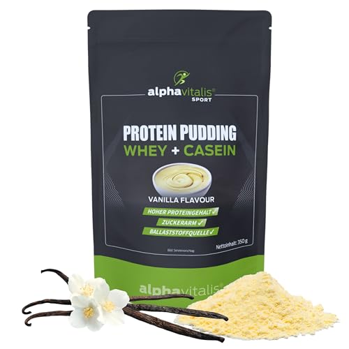 Protein Pudding Pulver 350g - Vanille - leckeres Pudding-Pulver zum Anrühren mit 26g Eiweiß pro Portion aus Whey + Casein - zuckerarm & Ballaststoffquelle - Premiumqualität von alphavitalis