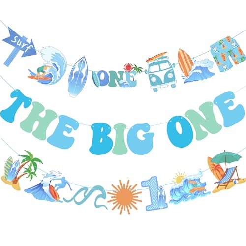 Image of Surf The Big One Banners Retro 3PCS Beach Surfing 1st Birthday Banners The Big One Party Supplies for Summer Beach Surfing First Birthday Party Decor