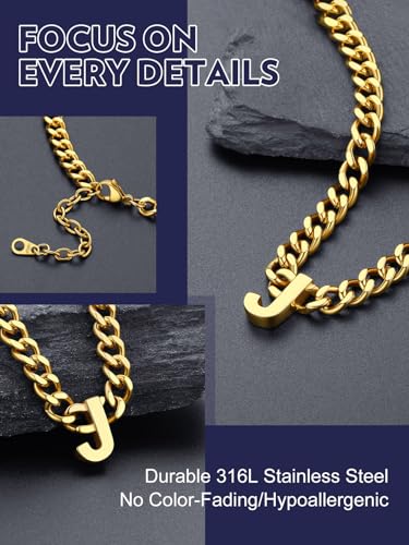 Bandmax Mens Initial Necklace Choker Stainless Steel/Gold/Black 7MM Wide Chunky Letter Pendant Chain Necklace for Men 18Inch + 2Inch2