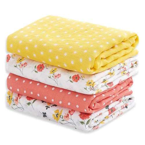Image of Softan Swaddle Blanket, 47x47 in Muslin Swaddle Receiving Blanket for Newborns, Breathable & Soft, 4 Pack Yellow Flower