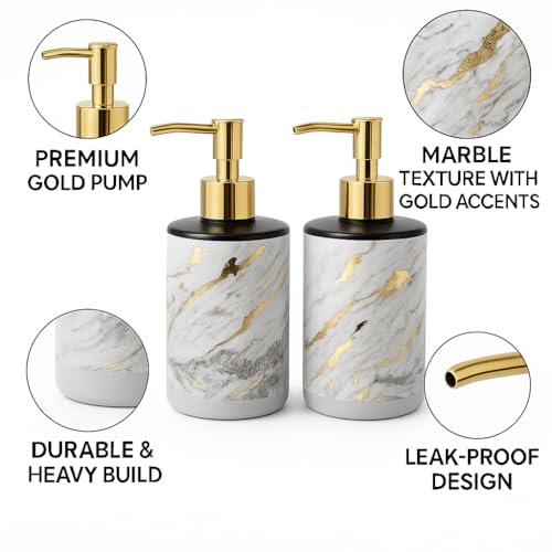 Image of LAGET 300ml Soap Dispenser for Wash Basin - Marble Golden Print | Kitchen and Bathroom Accessories Items | Refillable Handwash Dispenser Bottle- Set of 2 (White Twinkle)