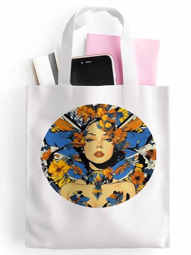 Canvas Tote Bags,Grocery Shopping Cloth Bag Girl Floral Art Reusable Shoulder Bags Tote Bag for Travel Work Gym2