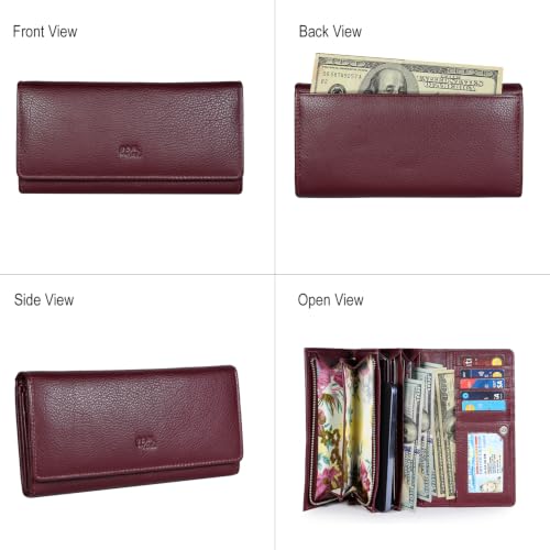 Image of Women's Top Grain Leather Wallet, RFID Blocking Bifold clutch, 17 Card Slots, Zip Pocket Organizer, Elegant Gift for Women - Birthday, Valentine, Anniversary - WINE RED