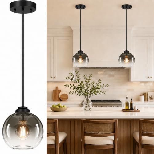 Image of MQMQA 2 Pack Globe Pendant Lights, Mid Century Pendant Light Fixtures, Globe Pendant Lights Kitchen Island with Gray Glass Shade Adjustable Hanging Fixture for Dining Room (Bulbs not Included)
