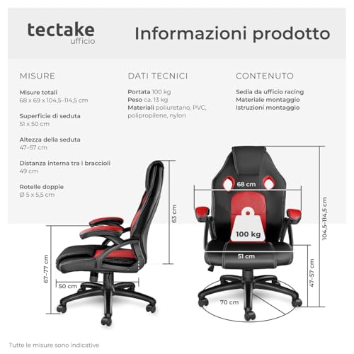 ® Sedia da Ufficio Ergonomica, Sedia Scrivania con Rotazione 360°, Imbottitura Confortevole, Rivestimento Similpelle, Poltrona Gaming con Altezza Regolabile, 5 Rotelle Doppie - Nero/Rosso - Sedia gaming - Immagine 2