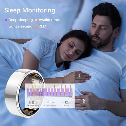 Image of Ring Health Tracker for Women Men, Fitness Ring with Heart Rate, Blood Oxygen, Sleep Monitor, Calories, Step Counter, IP68 Waterproof Smart Ring for iPhone & Android, No Subscription Fee (Silver, 9#)