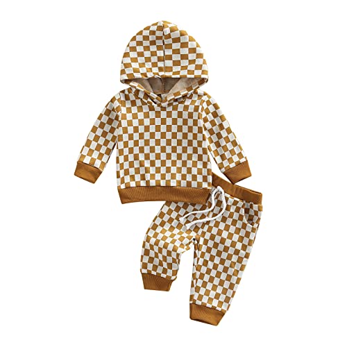 Image of Ledy Champswiin Baby Boy Girl Clothes Pants Set Checkerboard Long Sleeve Hoodies Tops Sweatpants Infant Fall Winter Outfit
