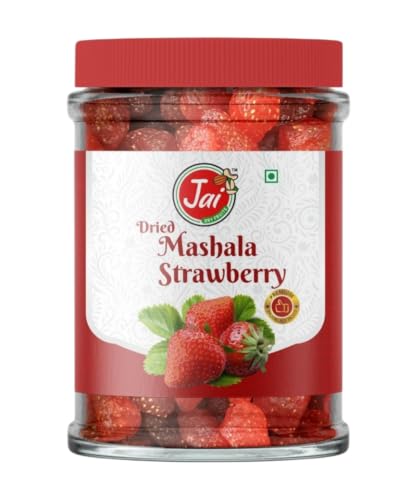 Image of JAI DRY FRUITS MASHALA Strawberry | Chatpata Dry Strawberry | Premium Dehydrated Snack | Tangy & Spicy & Sweet Healthy Fruit Snack | Ready to Eat | Rich in Fiber | Pack of 1 | 150g Each