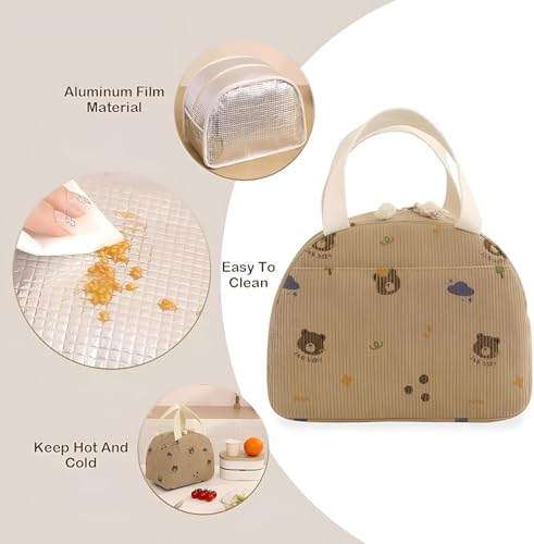 Image of SVH Reusable Insulated Lunch Tote for Women & Kids | Corduroy Large Lunch Bag with Front Storage Pocket, Durable Handles & Smooth Zipper for Office & School (Corduroy Bear Brown)