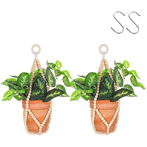 Artilady 2 Pack Beaded Plant Hanger Indoor - Macrame Hanging Planters for Plants Holder No Tassels with Wooden Beads Boho Farmhouse Rustic Home Decor Cover