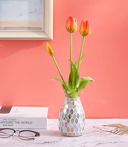 Small Flower Vase For Home Decor, 5" Mosaic Handmade Table Centerpiece Mosaic Accent Container For Office, Living Room, Kitchen, Wedding (Shell Leaf) #TOP3