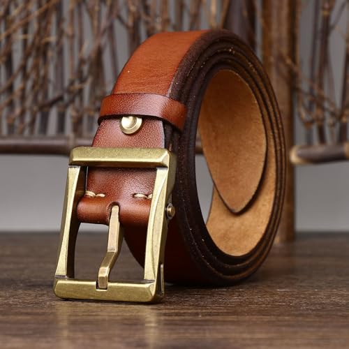 Rugged Vintage Men's Leather Belt -5mm Thick Genuine Cowhide with Solid Brass Buckle,Classic Jeans Strap for Casual Wear(130cm/51, Brown)4