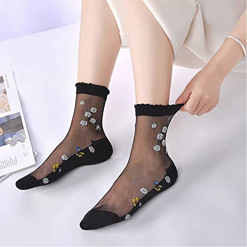 Image of DXYAKY Sheer Mesh Transparent Socks for Women Ultra-thin Lace Fishnet See Through Ankle Novelty Casual Floral Socks