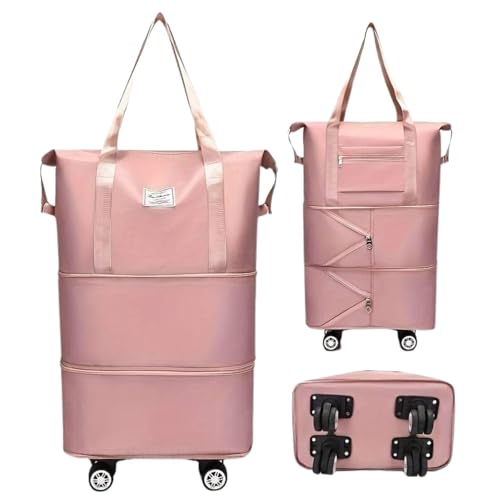 Image of Rolling Duffle Bag with Wheels, Expandable Foldable Travel Duffle Bag with Telescopic Handle, Portable Wheeled Luggage Bag for Travel, Lightweight Foldable Suitcase Bag for Men & Women (Pink)