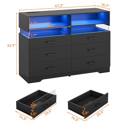 Modern 6-Drawer LED Dresser with Charging Station - Black