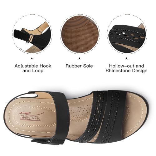 SHIBEVER Wedge Sandals for Women Dressy: Summer Walking Sandals Woman Comfortable - Casual Open Toe Rhinestone Low Wedge Shoes with Ankle Strap2