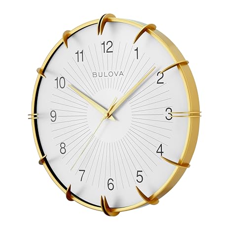 Bulova Clocks C4388 Citation 14 Retro Art Deco Wall Clock Matte Bronze Metal Case Matte Silver Sunburst Dial Curved Glass Lens Silent Sweep No-Ticking Quartz Movement