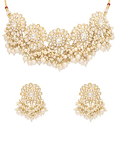Image of Yellow Chimes Jewellery Set for Women Kundan Studded Beads Drop Choker Necklace Set with Earrings for Women and Girls