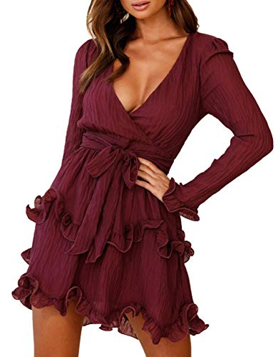 Halfisland Women's Pleated Chiffon Ruffle Layered Trim Mini Dresses V Neck Long Sleeve Tie Waist Short Dress