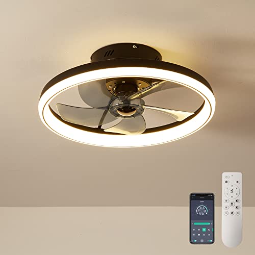 LMiSQ Reversible Ceiling Fans with Lights and Remote 50CM 48W Modern Low Profile Ceiling Fan Light Timing 6 Speeds 3-Color Dimmable Flush Mount Ceiling Fans with Lamps Smart App Control Ceiling Fan