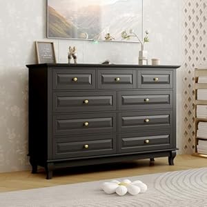 Ecacad tall 9 drawer double dresser with carved drawer fronts solid legs 551 l black modern wood storage chest of drawers for bedroom living room fitting room  urban country home decor