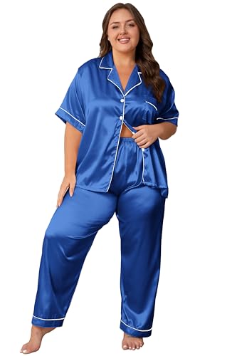 Image of Vozanet Women's Button Down Satin Pajama Sets Silky Short Sleeve Top & Pants Plus Size Loungewear Classic Sleepwear XL to 5XL