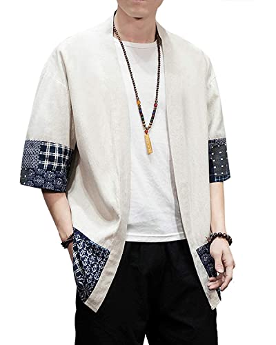 Image of Men's Japanese Kimono Cardigan Loose Cotton Linen 3 /4 Sleeve Open Front Casual Summer Shirt Jackets