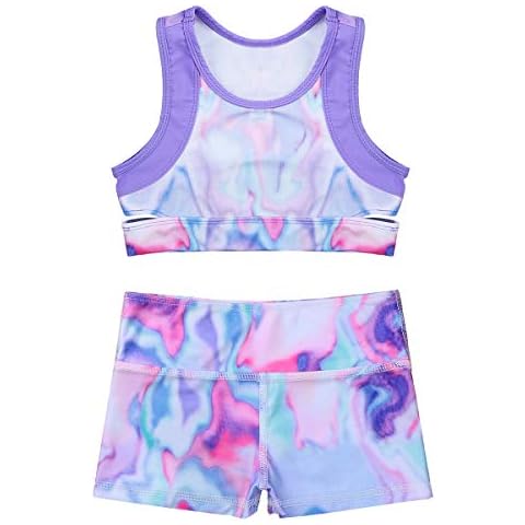 Moily Girls Two Piece Athletic Outfit Tie Dye Crop Top with Booty Shorts for Gymnastics/Dance/Sports Colorful 5-6 Years Cover