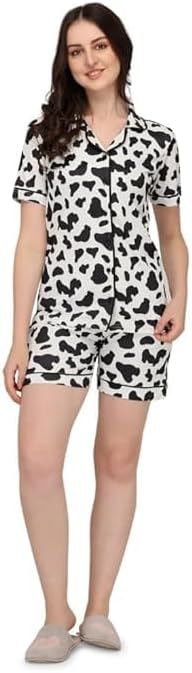 Mickey & Minnie Mouse Print Short Pajama Set for Women (Cow, S)